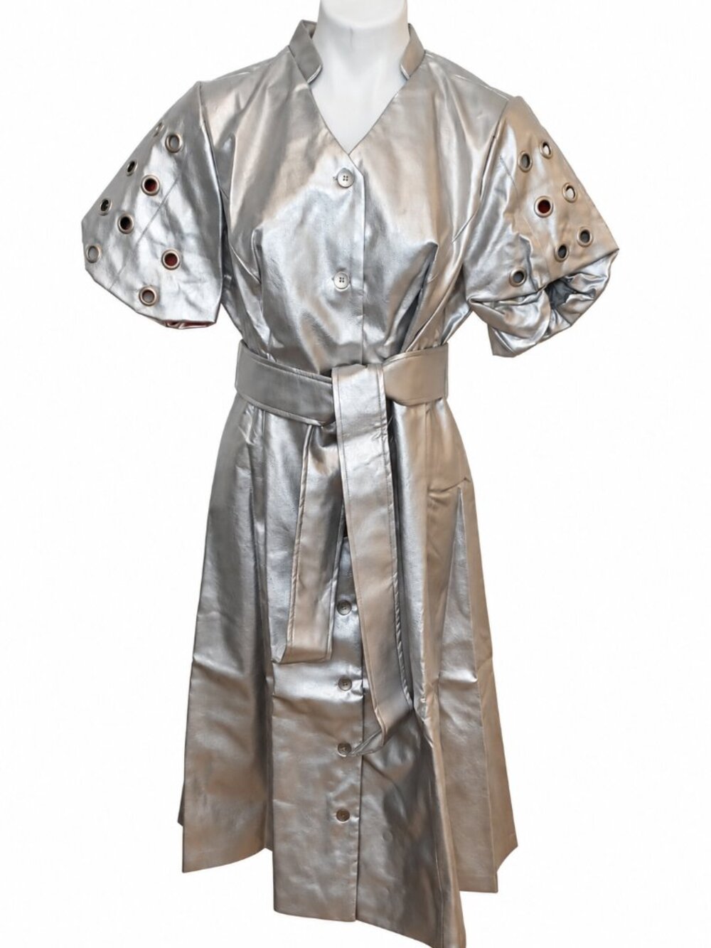 Plus Size 14W Metallic Silver Belted Midi Dress with Eyelet Grommet Sleeves NEW